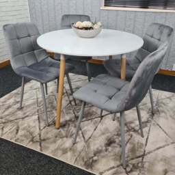 Portland 4 Seater Round Wood Velvet Dining Set White and Grey - Multi - Wilko