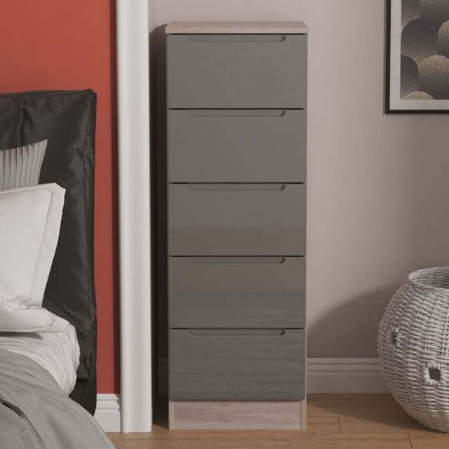 Crowndale Milan 5 Drawer Grey Gloss and Grey Oak Tall Bedside Cabinet Ready Assembled - Grey Gloss & Grey Oak - Wilko - image 1