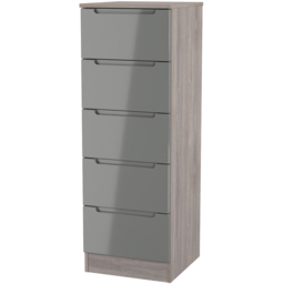 Crowndale Milan 5 Drawer Grey Gloss and Grey Oak Tall Bedside Cabinet Ready Assembled - Grey Gloss & Grey Oak - Wilko - thumbnail 5