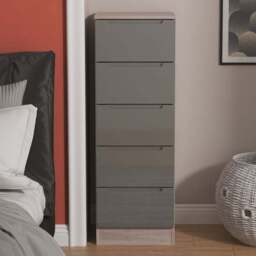 Crowndale Milan 5 Drawer Grey Gloss and Grey Oak Tall Bedside Cabinet Ready Assembled - Grey Gloss & Grey Oak - Wilko - thumbnail 1