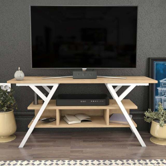 Decorotika Minerva Decorative 4 Open Shelf White and Oak TV Unit - Size: 55 x 120 x 35cm - Multi - Wilko - image 1