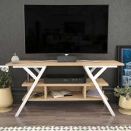 Decorotika Minerva Decorative 4 Open Shelf White and Oak TV Unit - Size: 55 x 120 x 35cm - Multi - Wilko