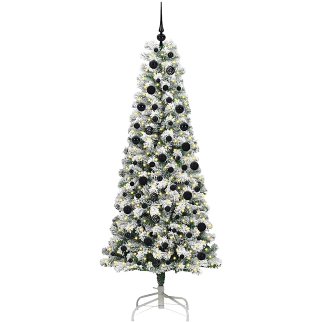 vidaXL Pre-Lit Warm White LED and Black Baubles Snow Flocked Artificial Christmas Tree 6.8ft - Green - Wilko - image 1