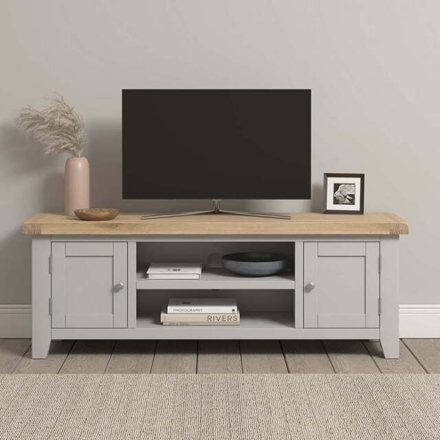 Seconique Windsor 2 Door 2 Shelf Pebble Grey and Oak Straight TV Unit - Size: 50.5 x 140 x 37cm - Pebble Grey/Oak - Wilko - image 1