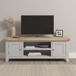 Seconique Windsor 2 Door 2 Shelf Pebble Grey and Oak Straight TV Unit - Size: 50.5 x 140 x 37cm - Pebble Grey/Oak - Wilko - thumbnail 1