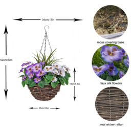 GreenBrokers Artificial Purple and White Pansies Round Rattan Hanging Plant Baskets 2 Pack - Size: 30 x 60 x 30cm - Multi - Wilko - thumbnail 5