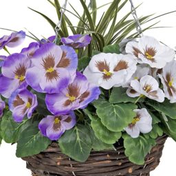 GreenBrokers Artificial Purple and White Pansies Round Rattan Hanging Plant Baskets 2 Pack - Size: 30 x 60 x 30cm - Multi - Wilko - thumbnail 3