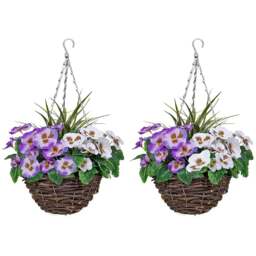 GreenBrokers Artificial Purple and White Pansies Round Rattan Hanging Plant Baskets 2 Pack - Size: 30 x 60 x 30cm - Multi - Wilko