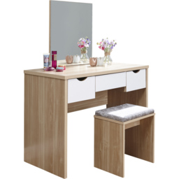 GFW Elizabeth 3 Drawer Oak Wood Dressing Table Set with Mirror - Size: 49 x 100 x 129cm - Brown - Wilko - thumbnail 3