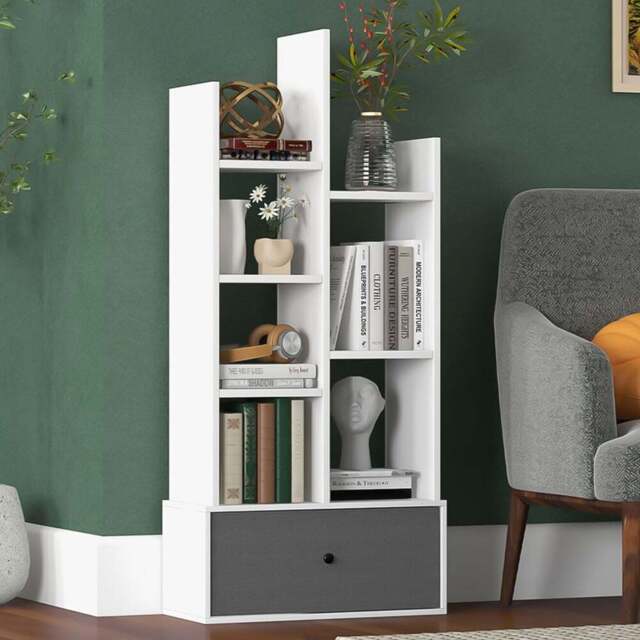 Costway Single Drawer 7 Shelf White Wooden Bookshelf - Wilko - image 1