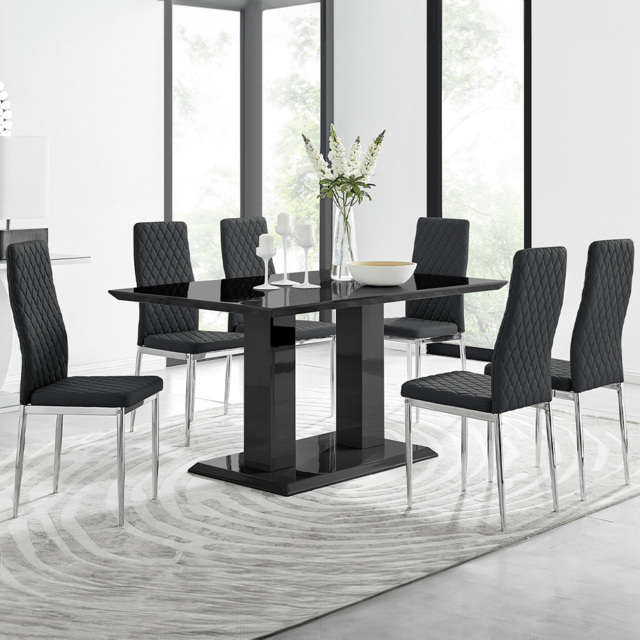 Furniturebox Molini Valera 6 Seater Dining Set Black Gloss and Chrome - Wilko - image 1