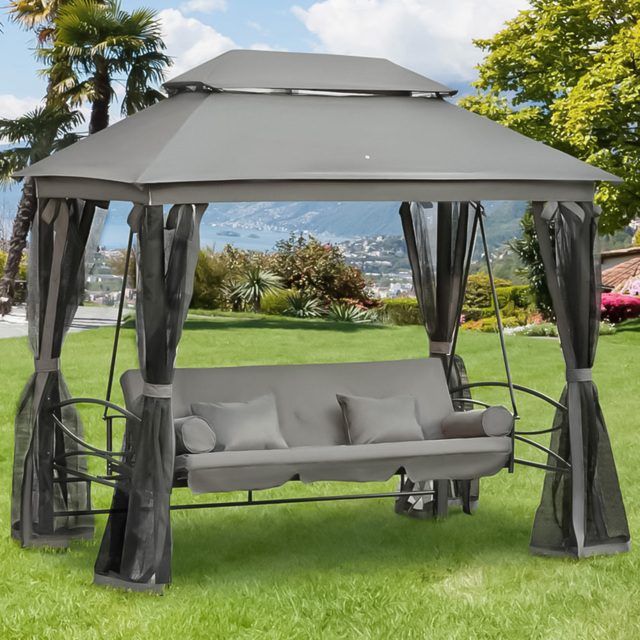 Outsunny 3 Seater Grey Swing Chair Hammock Gazebo with Mesh Sidewalls - Wilko - image 1