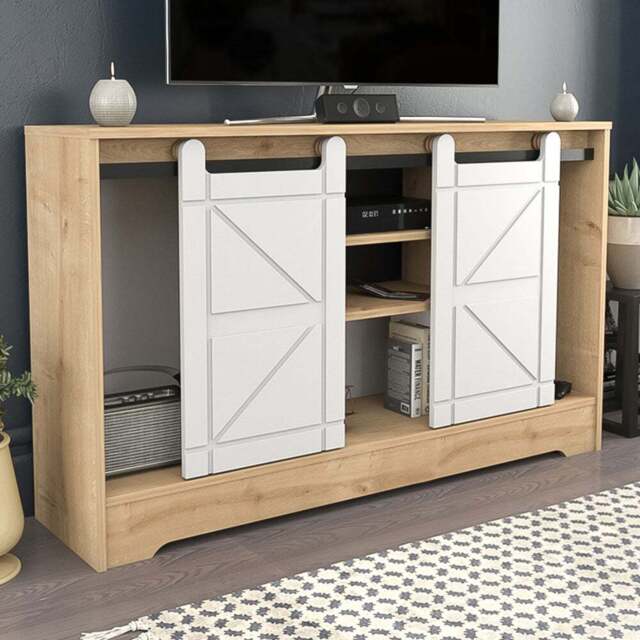 Decorotika Oak and White Barn Door TV Unit - Size: 85 x 140 x 35cm - Multi - Wilko