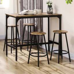 HOMCOM 4 Seater Rustic Brown Wood and Metal Bar Table and Stool Set - Wilko