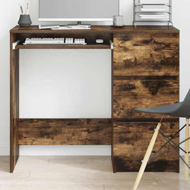 vidaXL 3 Drawer Computer Desk with Keyboard Tray Smoked Oak - Size: 76 x 90 x 45cm - Brown - Wilko - image 1