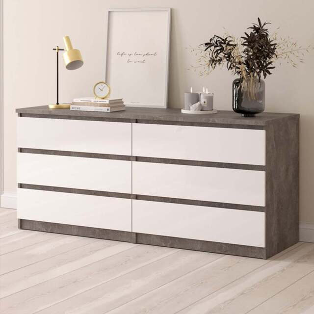 Florence 6 Drawer Concrete and White High Gloss Wide Chest of Drawers - Furniture to Go - Wilko
