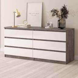 Florence 6 Drawer Concrete and White High Gloss Wide Chest of Drawers - Furniture to Go - Wilko