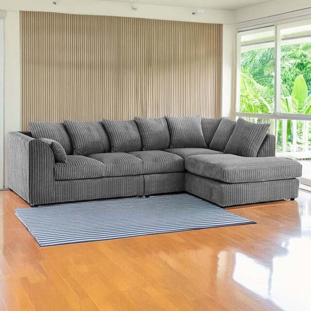 Luxor 4 Seater Grey Jumbo Cord Right Hand Facing Scatter Back L Shaped Corner Sofa Set - Wilko - image 1
