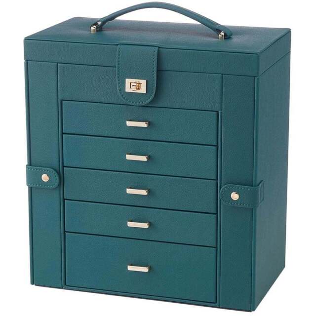 H&O Direct 5 Drawer Green Jewellery Box with Mirror - Size: 32 x 30 x 17cm - Wilko - image 1