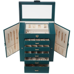 H&O Direct 5 Drawer Green Jewellery Box with Mirror - Size: 32 x 30 x 17cm - Wilko - thumbnail 3