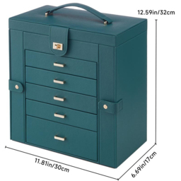 H&O Direct 5 Drawer Green Jewellery Box with Mirror - Size: 32 x 30 x 17cm - Wilko - thumbnail 6