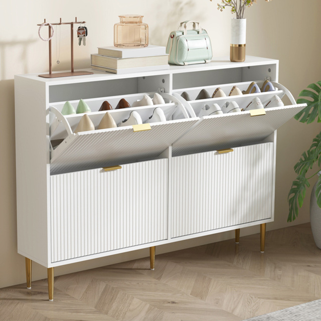 HOMCOM 2 Flip Drawer White Slim Shoe Storage Cabinet - Size: 91.5 cm x 24.0 cm x 105.0 cmcm - Wilko - image 1