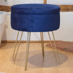 Harbour Housewares Blue and Gold Velvet Round Footstool with Storage - Size: 45 x 36 x 36cm - Wilko