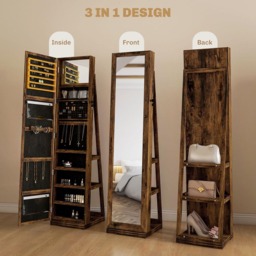 Portland Swivel Lockable Full Length Mirror Jewellery Cabinet - Size: 160 x 38cm - Brown - Wilko - thumbnail 6