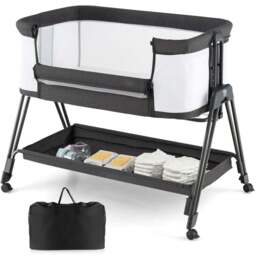 Costway Grey Baby Bedside Crib with Mattress - Size: 90 x 60 x 14cm - Wilko