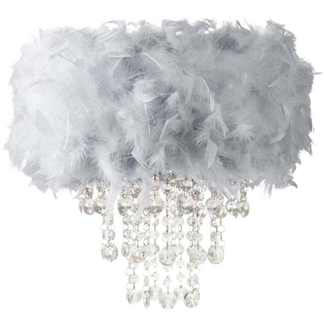 Happy Homewares Grey Feather Drum Pendant Shade with Clear Acrylic Droplets - Size: 36 x 32 x 32cm - Wilko - image 1