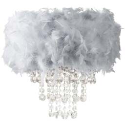 Happy Homewares Grey Feather Drum Pendant Shade with Clear Acrylic Droplets - Size: 36 x 32 x 32cm - Wilko