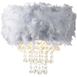 Happy Homewares Grey Feather Drum Pendant Shade with Clear Acrylic Droplets - Size: 36 x 32 x 32cm - Wilko - thumbnail 3