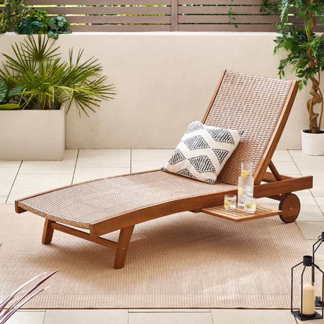 Furniturebox Paphos Natural Acacia Wood and Rattan Sun Lounger - Size: 201 x 60 x 201cm - Brown - Wilko - image 1