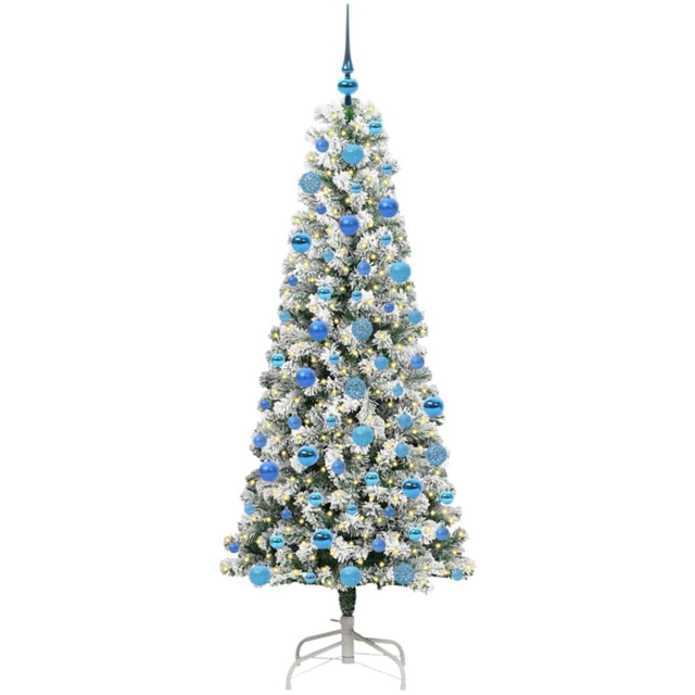 vidaXL Pre-Lit Warm White LED and Blue Baubles Snow Flocked Artificial Christmas Tree 5.9ft - Green - Wilko - image 1