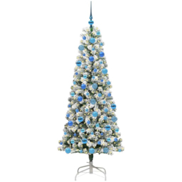 vidaXL Pre-Lit Warm White LED and Blue Baubles Snow Flocked Artificial Christmas Tree 5.9ft - Green - Wilko - thumbnail 1