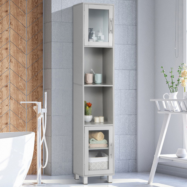 Costway 2 Door 4 Shelf Grey Freestanding Slim Wooden Bathroom Cabinet - Size: 97 x 39 x 18cm - Wilko - image 1