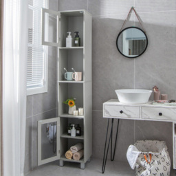 Costway 2 Door 4 Shelf Grey Freestanding Slim Wooden Bathroom Cabinet - Size: 97 x 39 x 18cm - Wilko - thumbnail 4