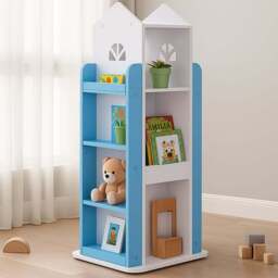 Living and Home 4 Tier Blue and White Castle Style Kids Rotatable Open Bookcase - Size: 4 Shelf - Wilko
