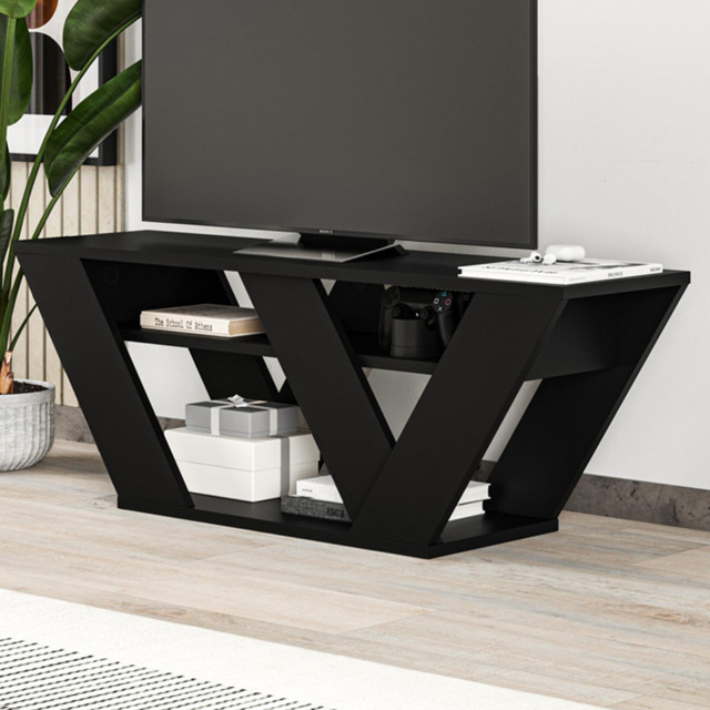 Decortie Pipralla 2 Shelf Black Bute Effect Modern TV Unit - Size: 40 x 110 x 30cm - Wilko - image 1