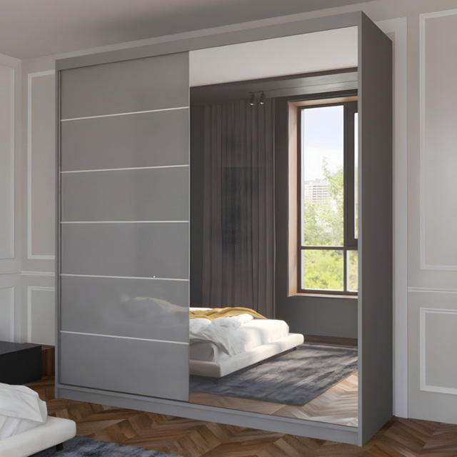 Sliding Wardrobes 4U Infinity 2 Door Grey High Gloss Compact Mirrored Wardrobe 150cm - Wilko - image 1