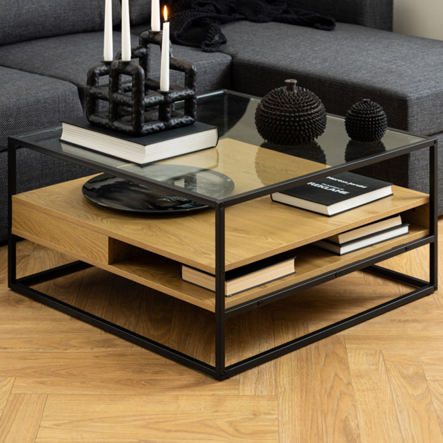 Florence Randolf 2 Shelf Black and Oak Smoked Glass Square Coffee Table - Furniture To Go - Wilko - image 1