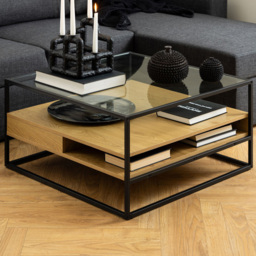 Florence Randolf 2 Shelf Black and Oak Smoked Glass Square Coffee Table - Furniture To Go - Wilko