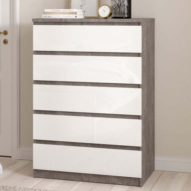 Florence 5 Drawer Concrete and White High Gloss Chest of Drawers - Furniture to Go - Wilko - image 1
