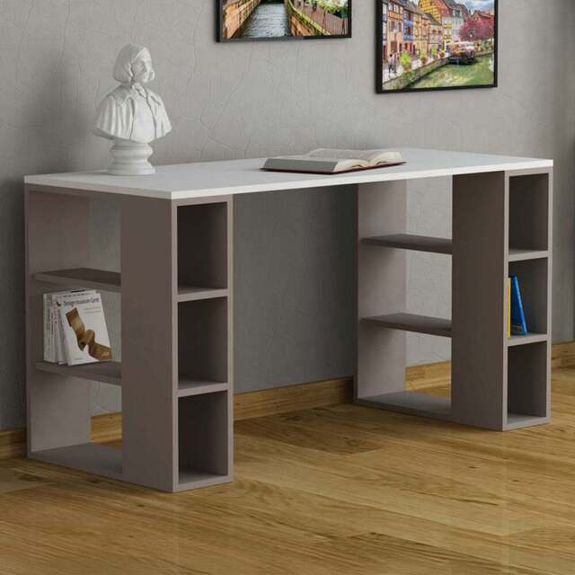Decortie Colmar 6 Shelf Modern Desk with Bookshelf White and Mocha Grey - Multi - Wilko - image 1