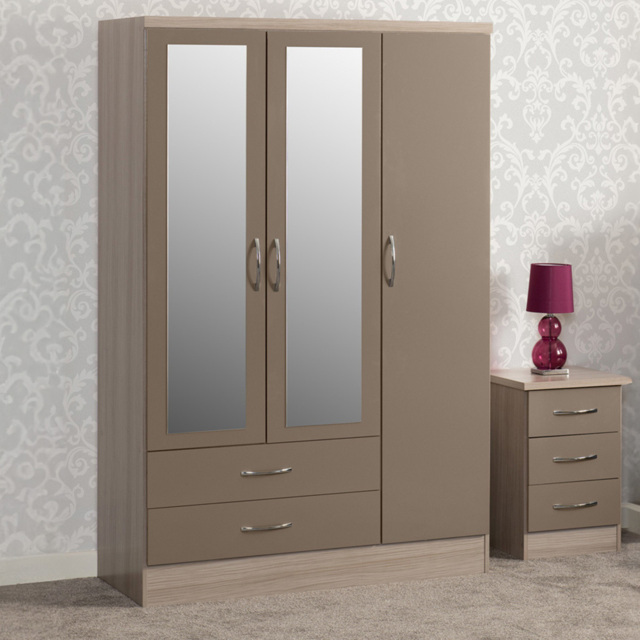 Seconique Nevada 3 Door 2 Drawer Oyster Gloss and Light Oak Veneer Mirror Wardrobe - Size: 3 Door, 2 Drawer - Brown - Wilko - image 1
