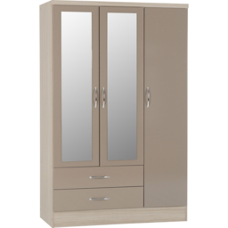 Seconique Nevada 3 Door 2 Drawer Oyster Gloss and Light Oak Veneer Mirror Wardrobe - Size: 3 Door, 2 Drawer - Brown - Wilko - thumbnail 3