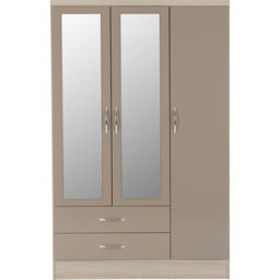 Seconique Nevada 3 Door 2 Drawer Oyster Gloss and Light Oak Veneer Mirror Wardrobe - Size: 3 Door, 2 Drawer - Brown - Wilko - thumbnail 4