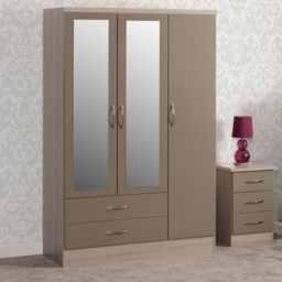 Seconique Nevada 3 Door 2 Drawer Oyster Gloss and Light Oak Veneer Mirror Wardrobe - Size: 3 Door, 2 Drawer - Brown - Wilko - thumbnail 1