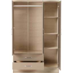 Seconique Nevada 3 Door 2 Drawer Oyster Gloss and Light Oak Veneer Mirror Wardrobe - Size: 3 Door, 2 Drawer - Brown - Wilko - thumbnail 5