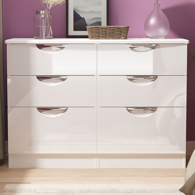 Crowndale Camden 6 Drawer White Gloss and White Wide Chest of Drawers Ready Assembled - White Gloss & White - Wilko - image 1